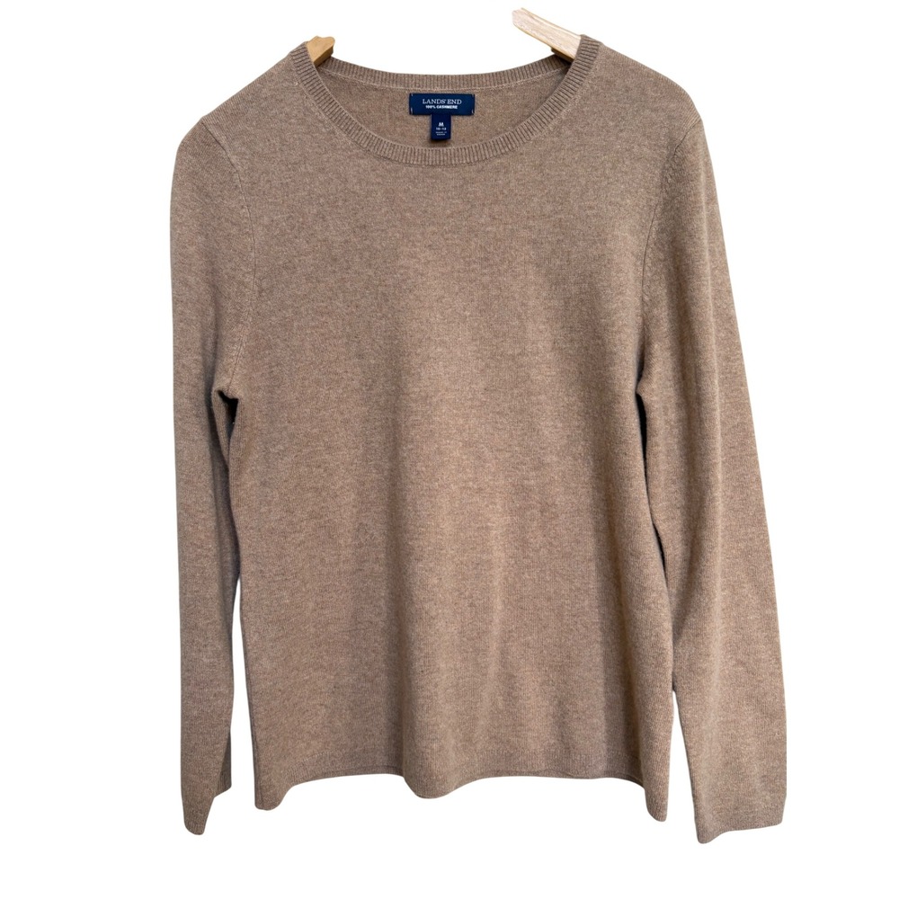 Lands End Womens Cashmere Crewneck Sweater Tan Brown Medium 10-12 Long Sleeve
